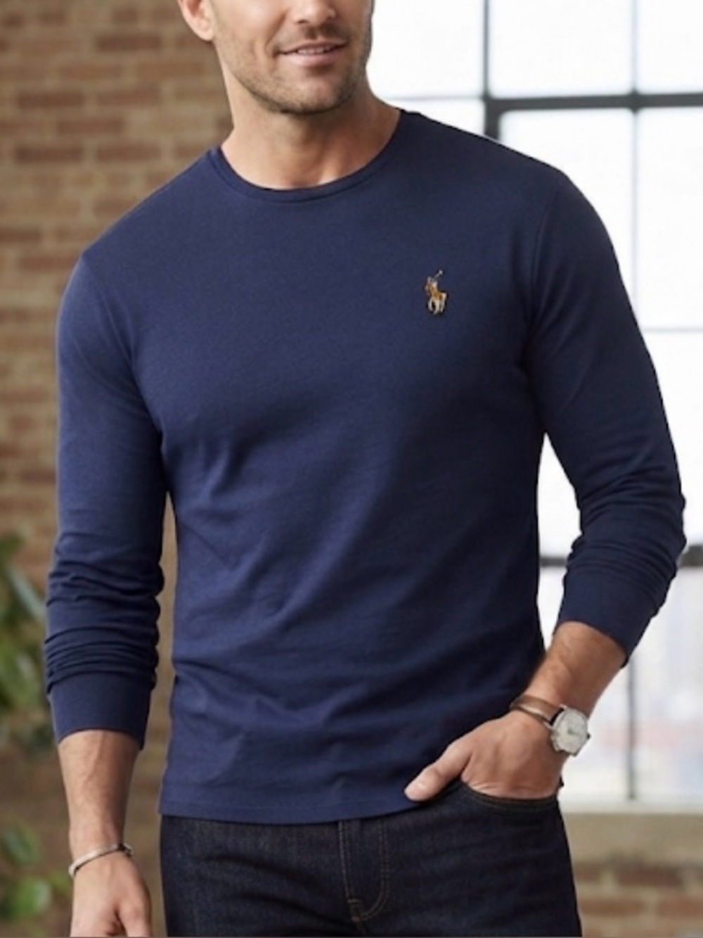 Polo Ralph Lauren Navy Crewneck Long Sleeve Top Flesh Pony Size Large *Flawed*